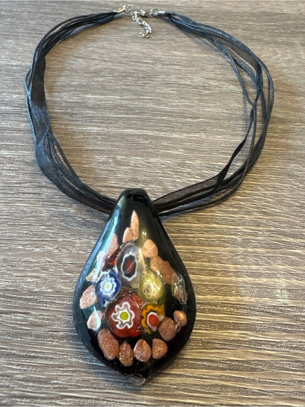 Murano Glass Millefiori Pendant W/Copper Aventurine Flakes W/ Ribbon Necklace